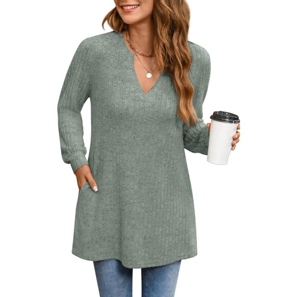 Women's V Neck Long Sleeve Sweater Tunic Top Casual Fall Winter Plus Size - Picture 3 of 6